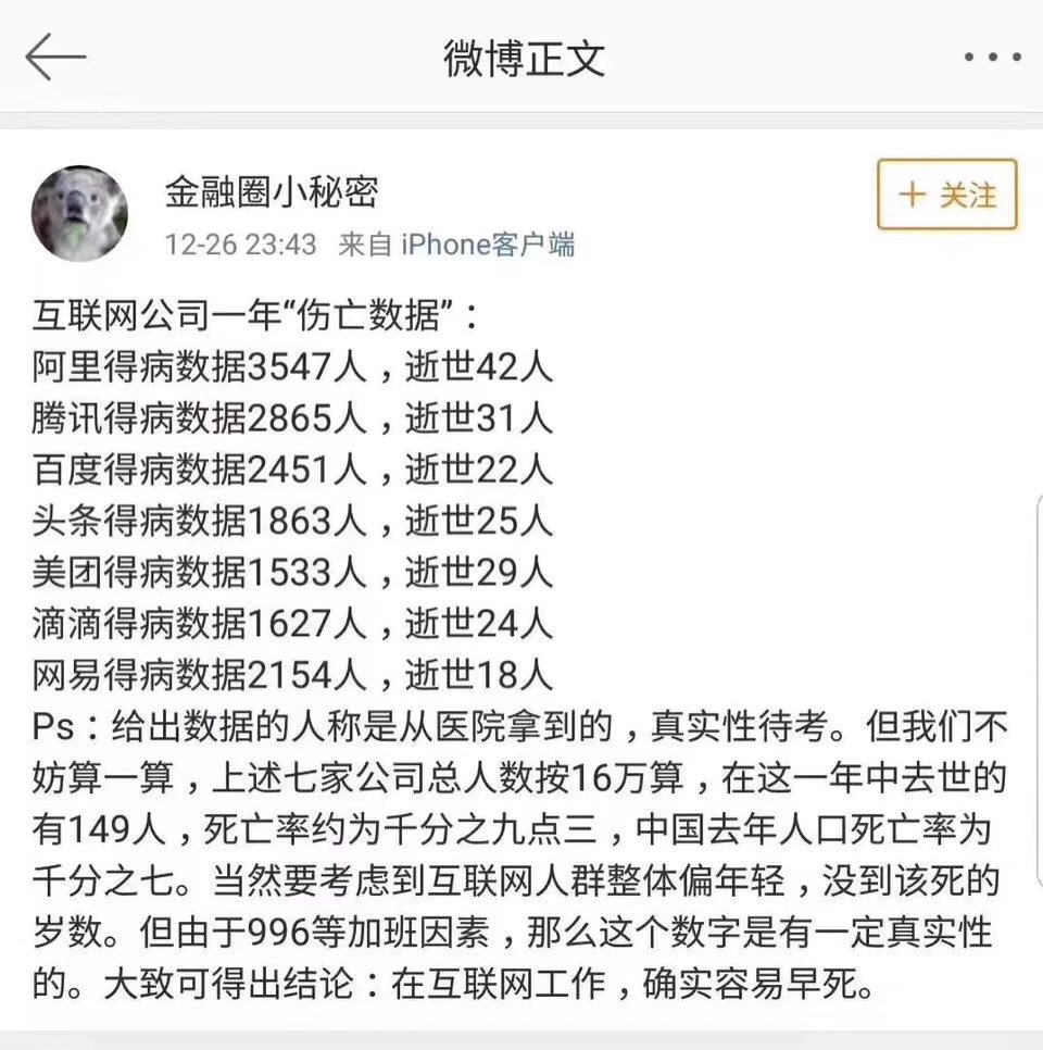 在互联网公司上班真的容易早死